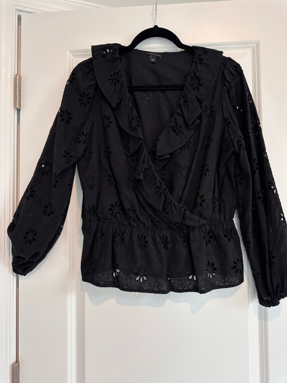 Ann Taylor Black Eyelet Wrap-Style Blouse with Ruffle Trim
